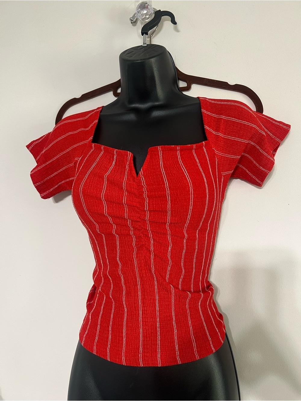 Red Striped Square-Neck Short Sleeve Top